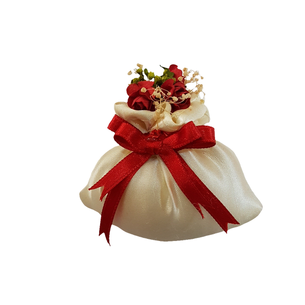 BOMBONIERA SACCHETTO IN RASO CON ROSELLINE ROSSE