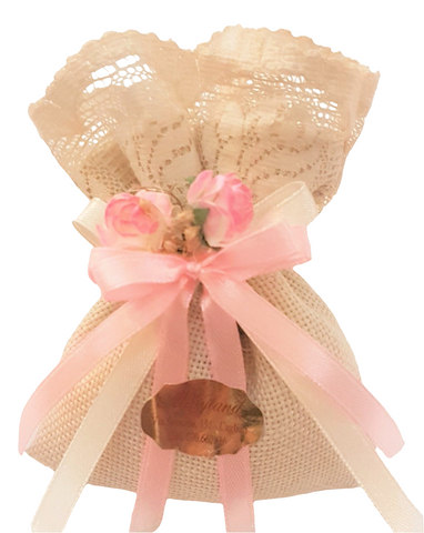 BOMBONIERA SHABBY CHIC A SACCHETTO IN COTONE E PIZZO