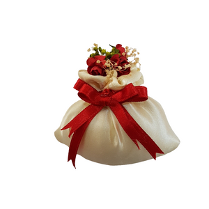 BOMBONIERA SACCHETTO IN RASO CON ROSELLINE ROSSE