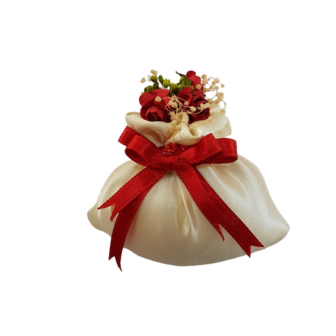 BOMBONIERA SACCHETTO IN RASO CON ROSELLINE ROSSE
