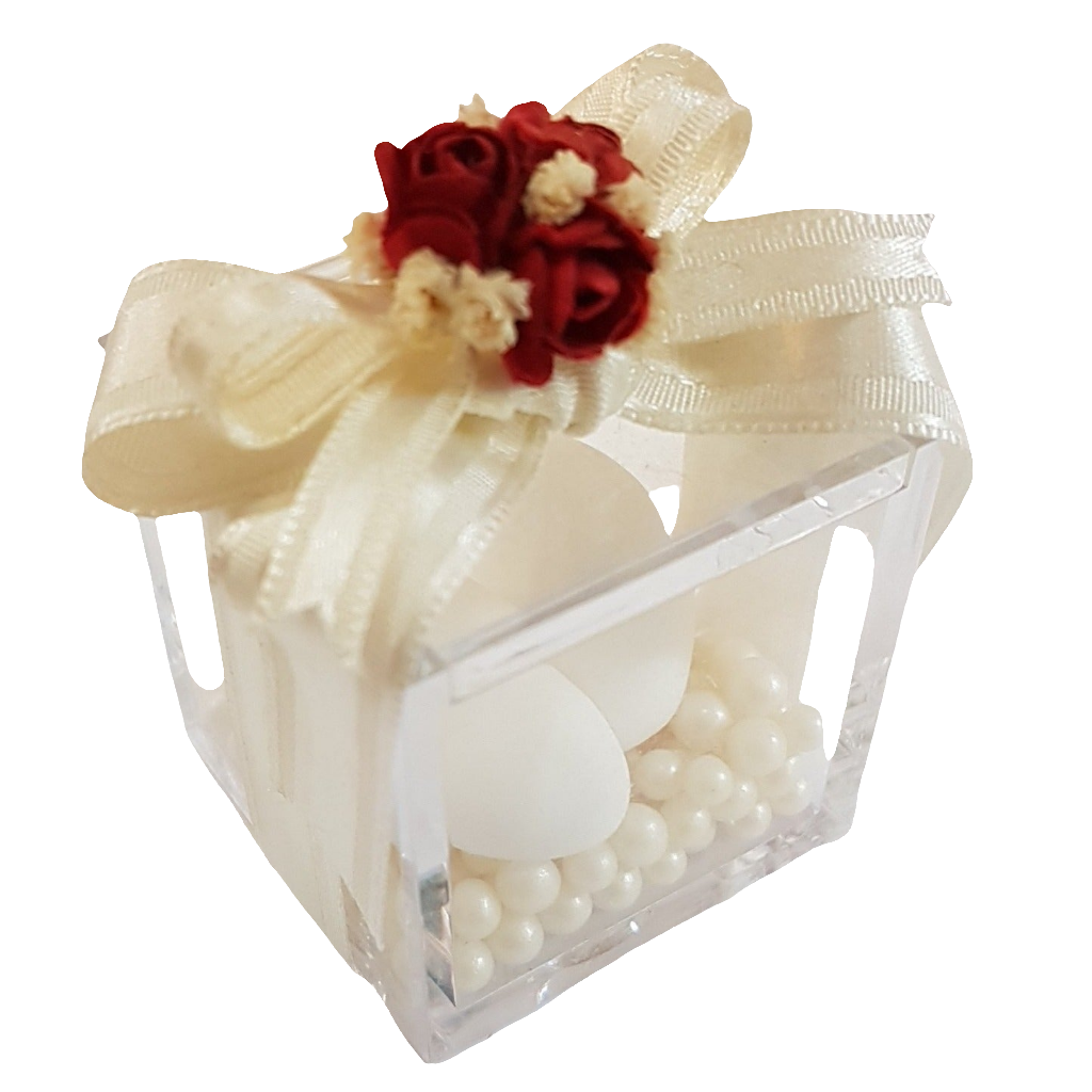 BOMBONIERA CUBO PLEXIGLASS CON ROSE ROSSE