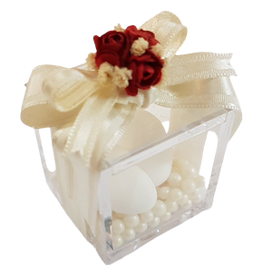 BOMBONIERA CUBO PLEXIGLASS CON ROSE ROSSE