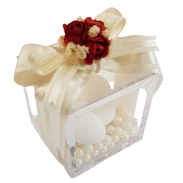 BOMBONIERA CUBO PLEXIGLASS CON ROSE ROSSE