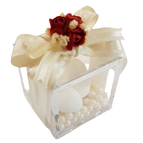 BOMBONIERA CUBO PLEXIGLASS CON ROSE ROSSE