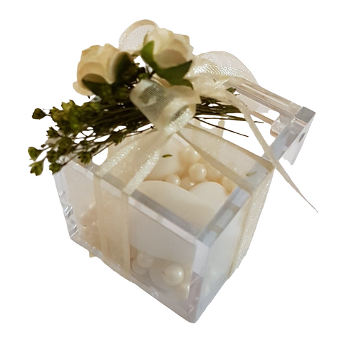 BOMBONIERA CUBO PLEXIGLASS CON ROSE