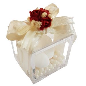BOMBONIERA CUBO PLEXIGLASS CON ROSE ROSSE
