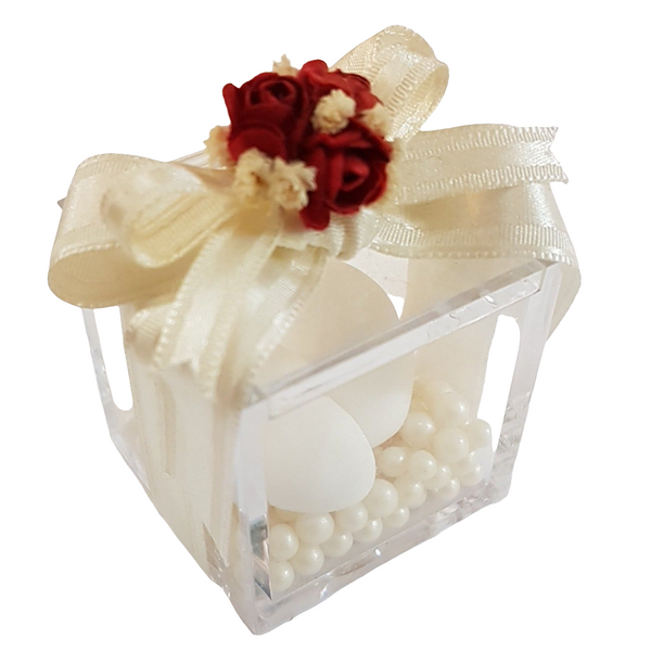 BOMBONIERA CUBO PLEXIGLASS CON ROSE ROSSE