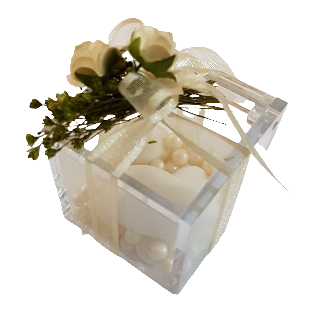 BOMBONIERA CUBO PLEXIGLASS CON ROSE