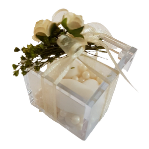 BOMBONIERA CUBO PLEXIGLASS CON ROSE