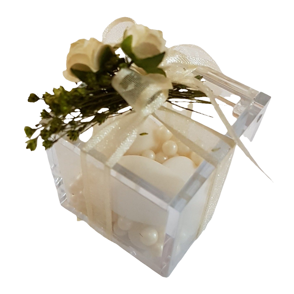BOMBONIERA CUBO PLEXIGLASS CON ROSE