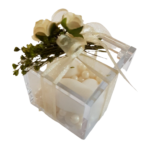 BOMBONIERA CUBO PLEXIGLASS CON ROSE