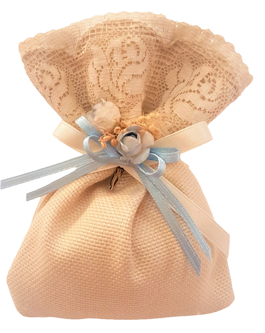 BOMBONIERA SHABBY CHIC A SACCHETTO IN COTONE E PIZZO