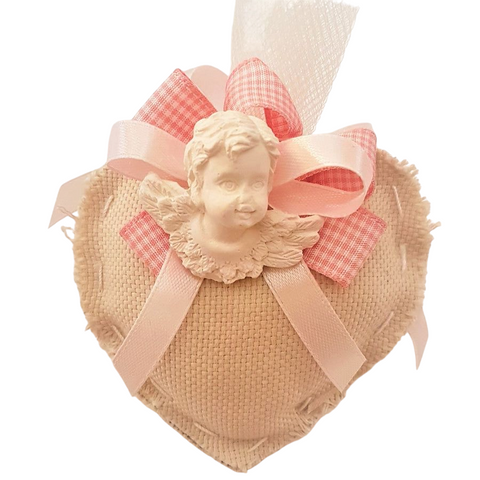 BOMBONIERA CUORE IN STOFFA CON ANGELO IN GESSO