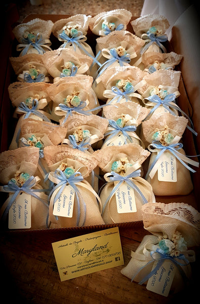 BOMBONIERA SHABBY CHIC A SACCHETTO IN COTONE E PIZZO